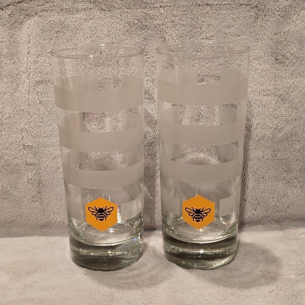 Jack Daniels Tennessee Honey Highball Glasses Frosted Stripe Bee Set of 2